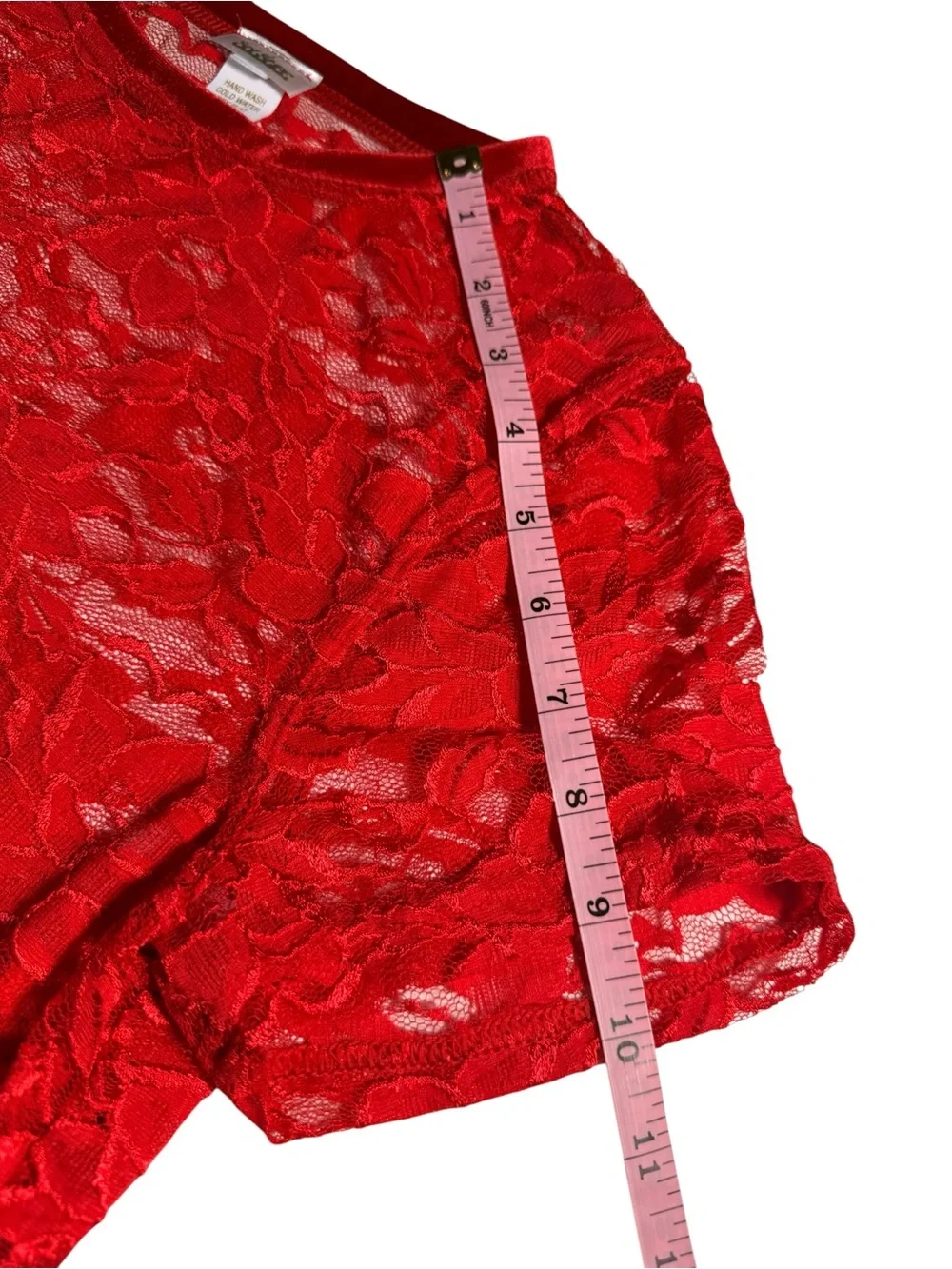 Red Lace Short Sleeve Top with Velvet Trim Size L Whimsigoth Romantic Sheer Mesh